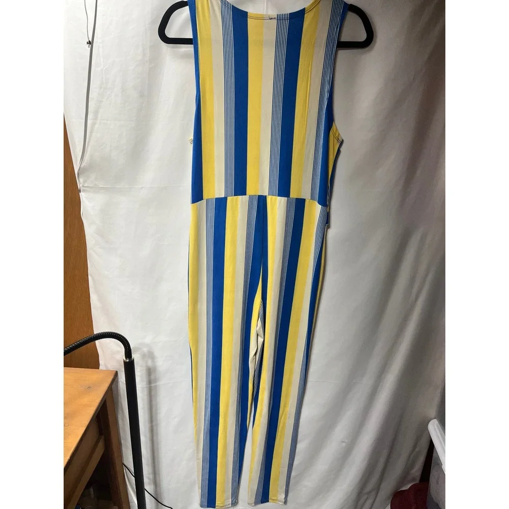 Love Nation Womens Blue Yellow Striped Sleeveless V-Neck Wrap Tie Waist Jumpsuit